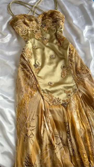 Gold Vintage Floral Satin Applique Spaghetti Straps Chiffon Prom Dresses Party Dresses HZ1023